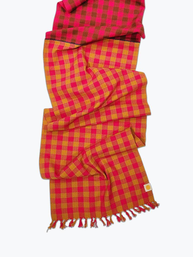 pink, ochre yellow and brown gingham plaid table runner. 