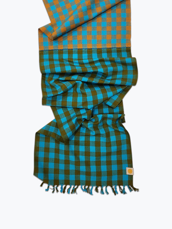 Table Runner in green, blue and ochre yellow gingham plaid.
