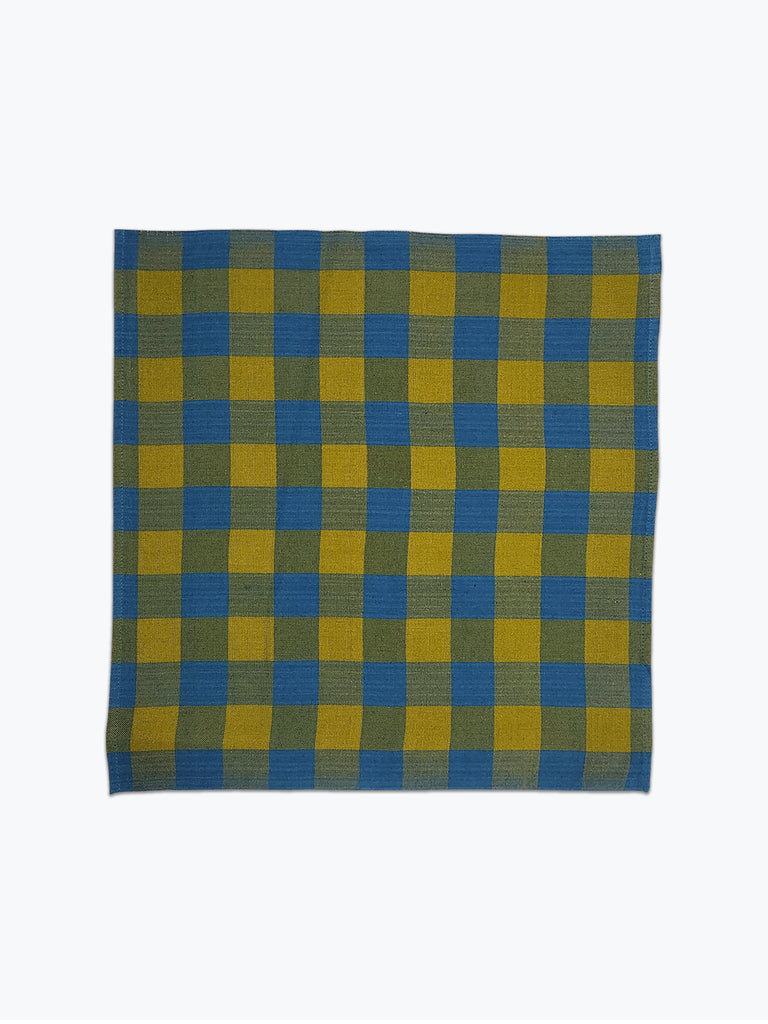Acid green and medium blue chunky gingham cloth napkin.