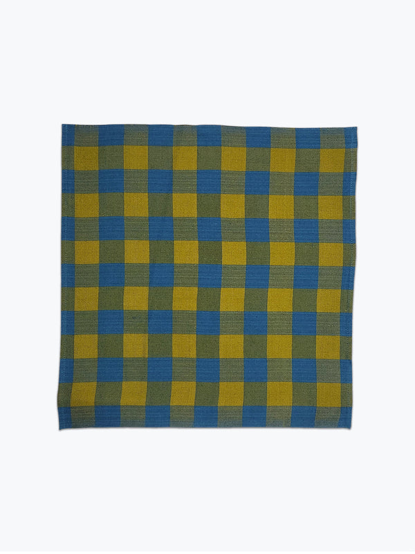 Acid green and medium blue chunky gingham cloth napkin.