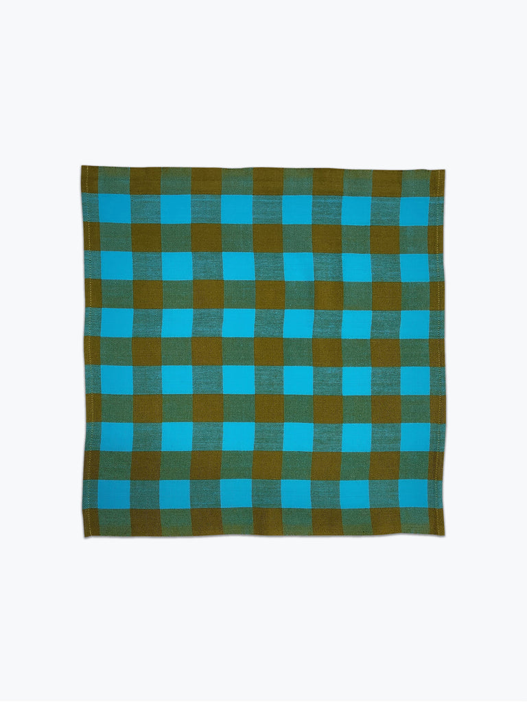 Chunky gingham plaid cloth napkin in bright sky blue and olive green.