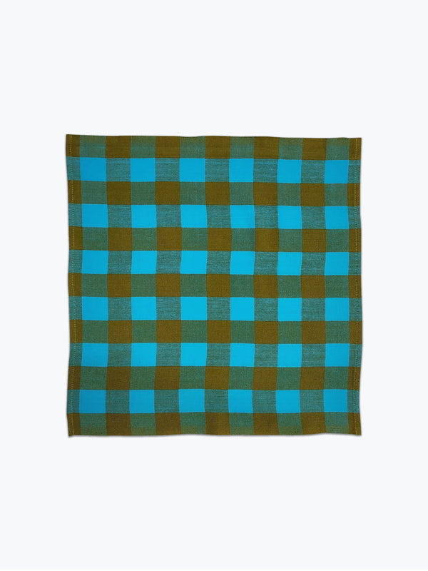 Chunky gingham plaid cloth napkin in bright sky blue and olive green.