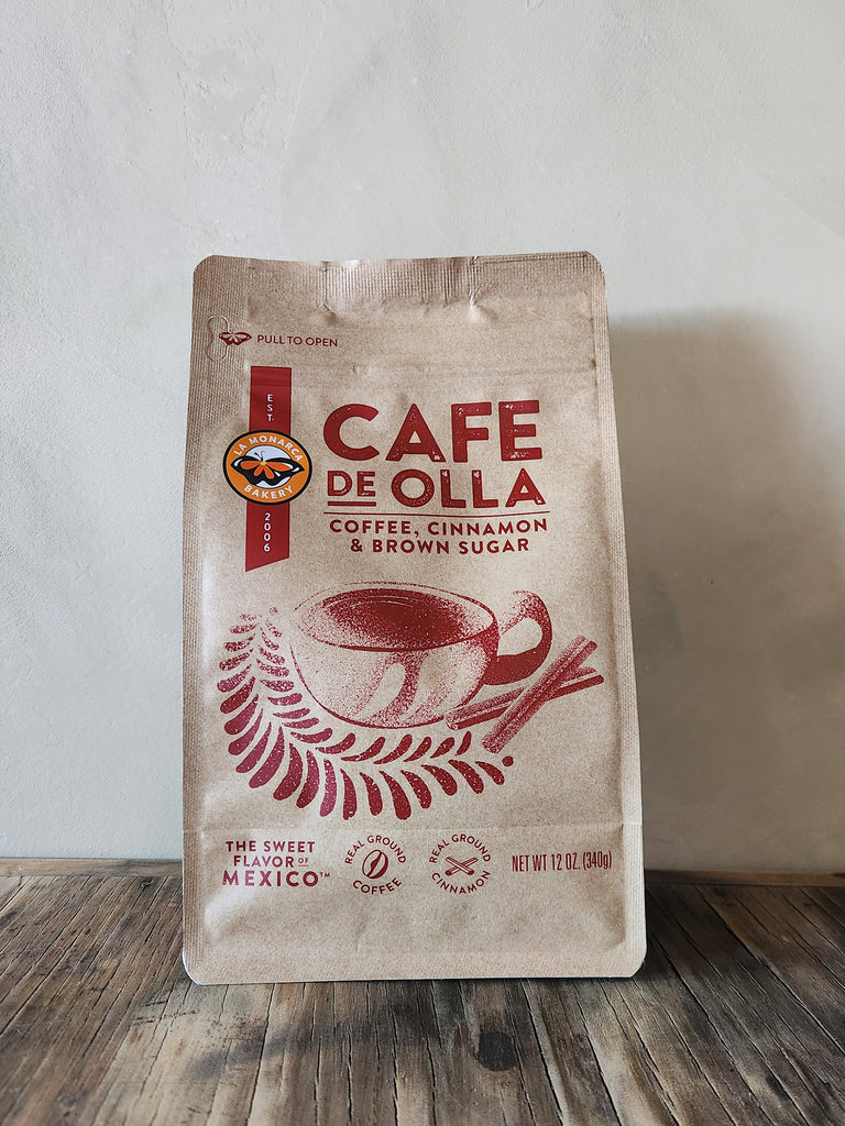 A 12 oz bag of cafe de olla, coffee cinnamon and brown sugar.