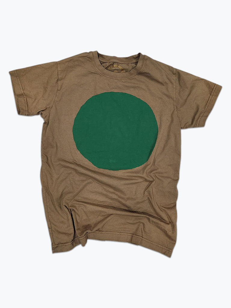 Army green t-shirt with a large dark kelly green circle printed on the front.