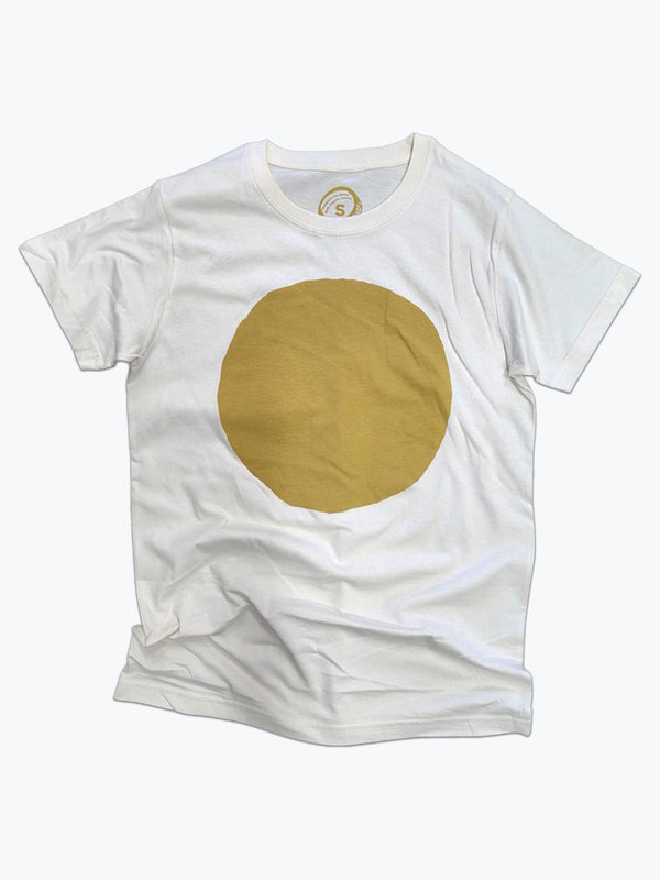 Cotton t-shirt with a mustard yellow circle printed on it. 