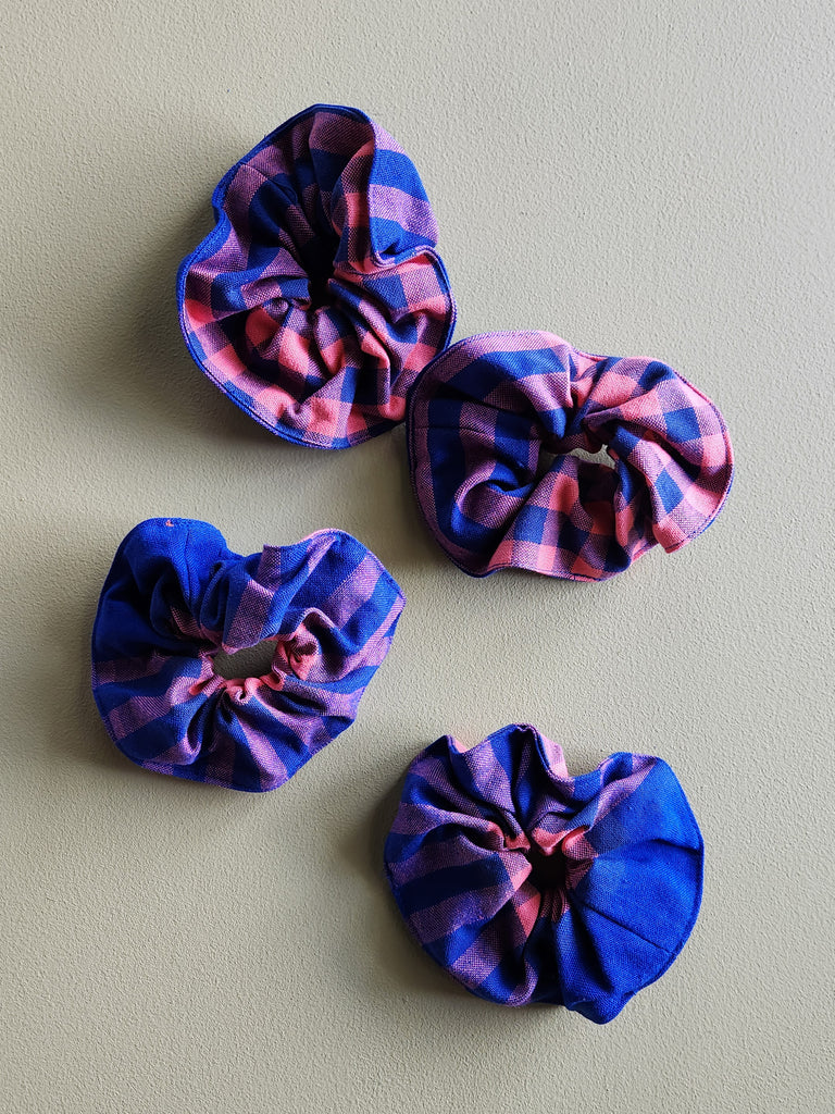 navy blue and bright pink gingham cotton scrunchie