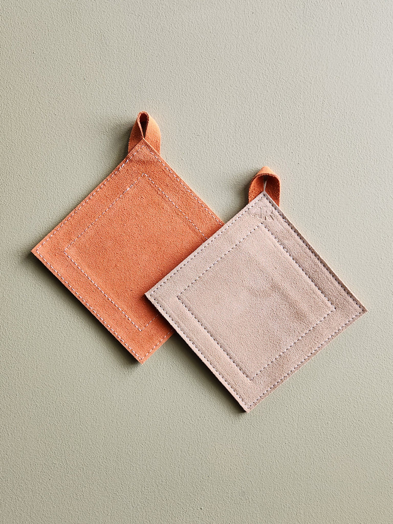 Orange and tan suede leather potholder