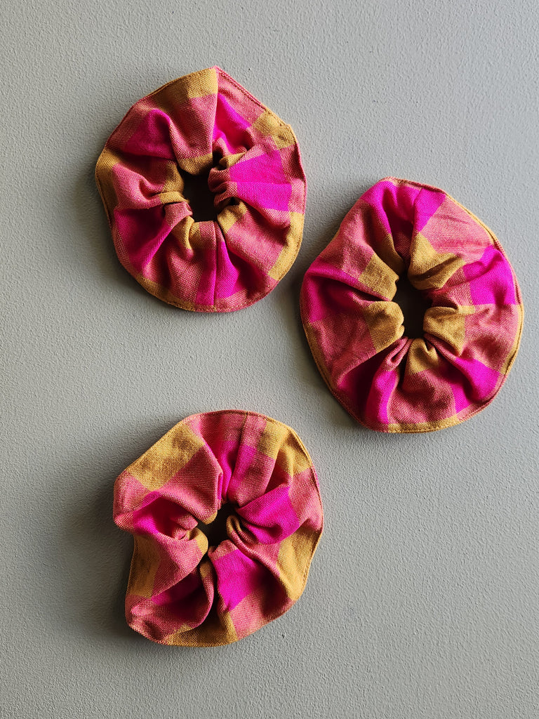Pink and ochre yellow gingham cotton scrunchie