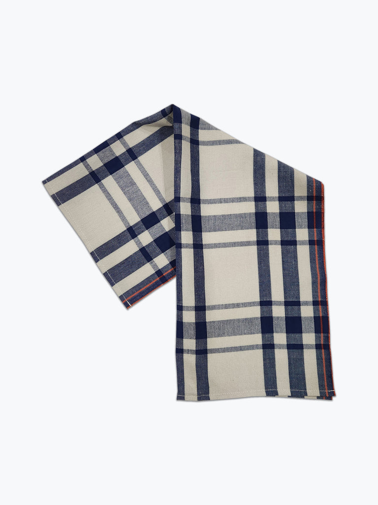 navy blue and cream plaid cotton tea towel.
